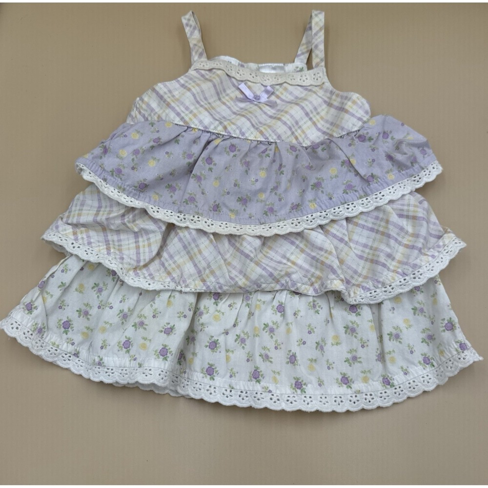 Small Wonders Dress Baby Girl 3-6 Mo Floral Plaid Tiered Lace Bow Cottagecore